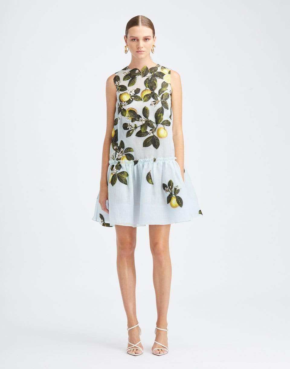 OSCAR DE LA RENTA-Aqua Lemon Print Crewneck Day Dress-AQUA MULTI