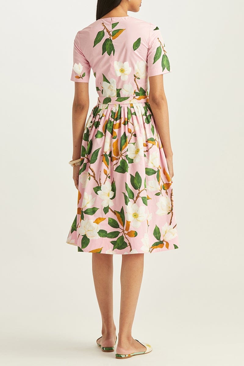 OSCAR DE LA RENTA-Belted Magnolia Flower Poplin Dress-
