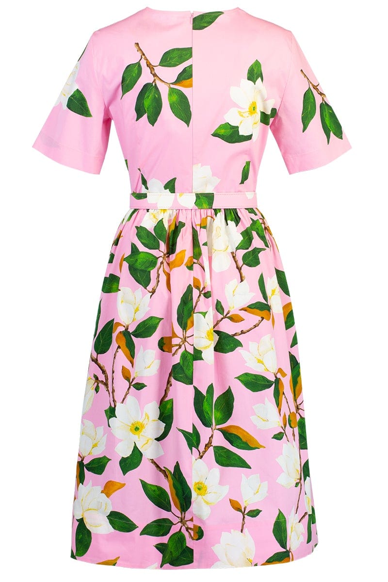 OSCAR DE LA RENTA-Belted Magnolia Flower Poplin Dress-