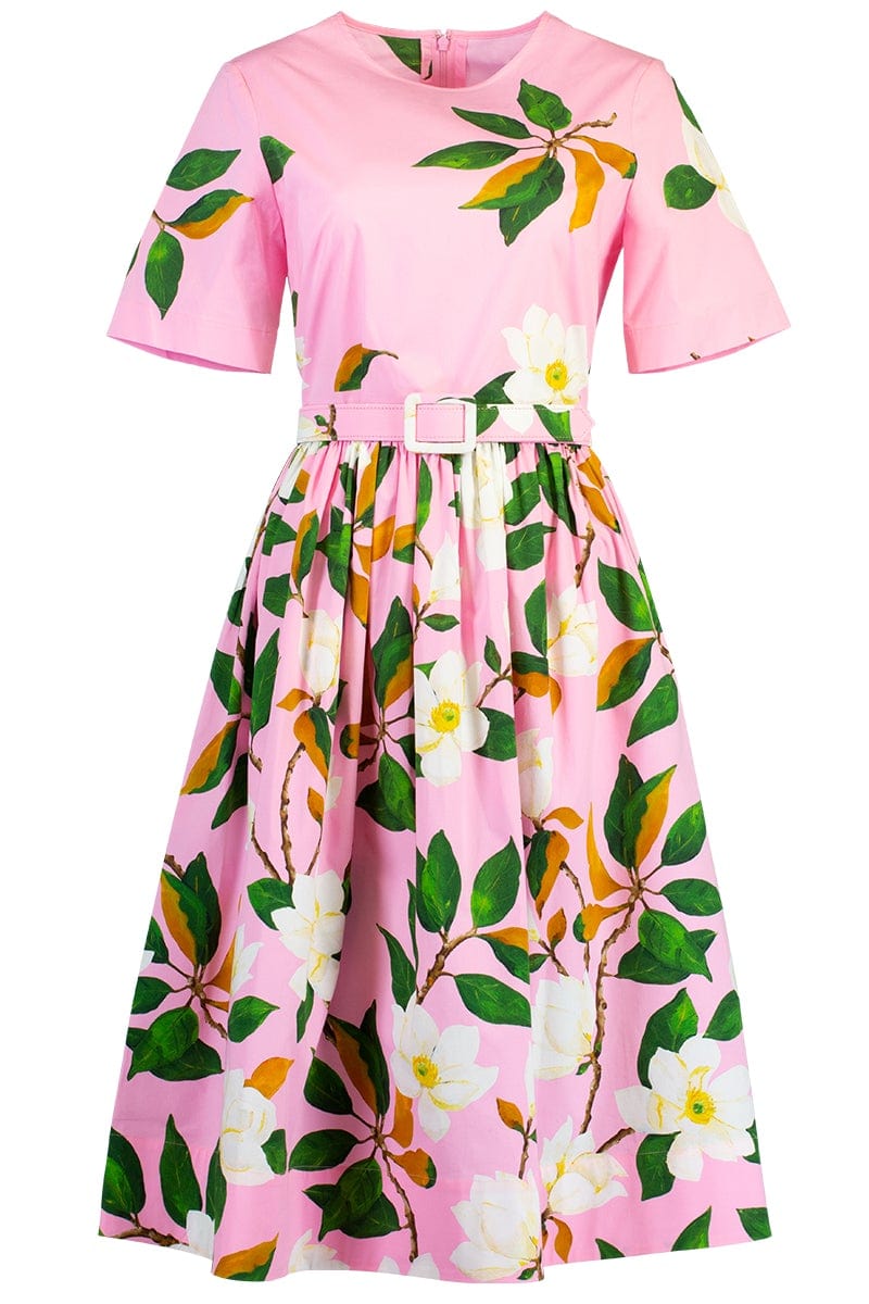 OSCAR DE LA RENTA-Belted Magnolia Flower Poplin Dress-