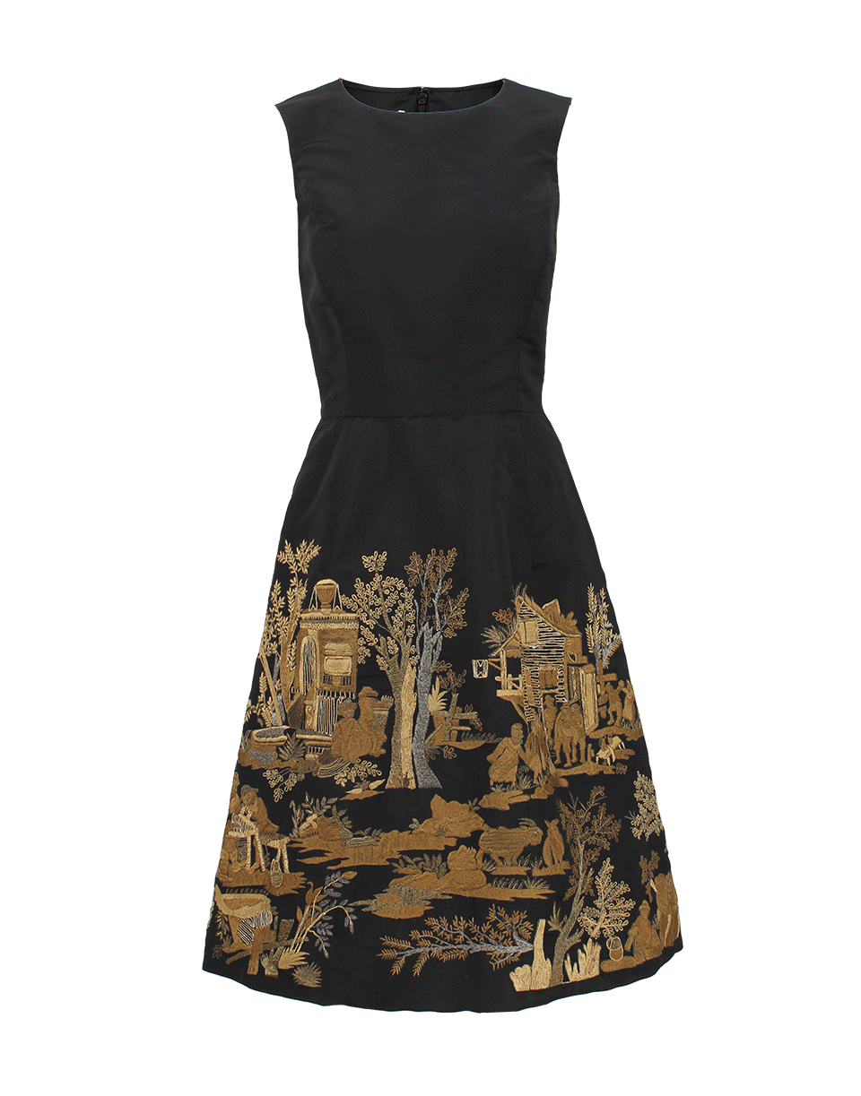 OSCAR DE LA RENTA-Sleeveless Scenic Embroidered Dress-BLACK