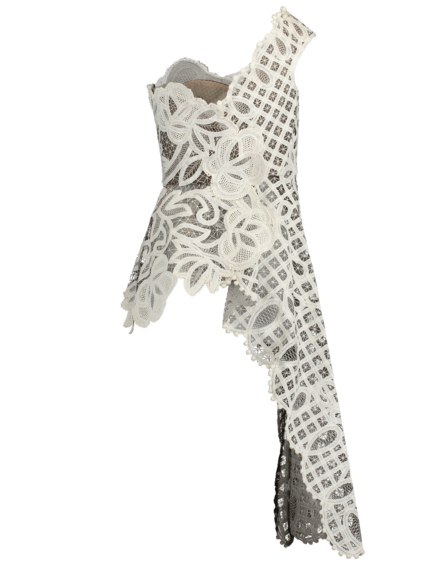 OSCAR DE LA RENTA-Asymmetric Lace Embroidered Top-BLK/IVRY