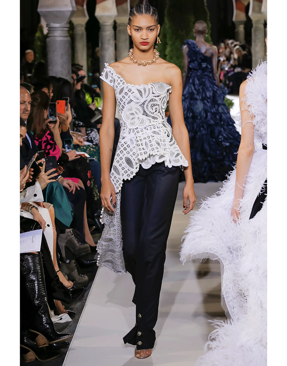 OSCAR DE LA RENTA-Asymmetric Lace Embroidered Top-BLK/IVRY