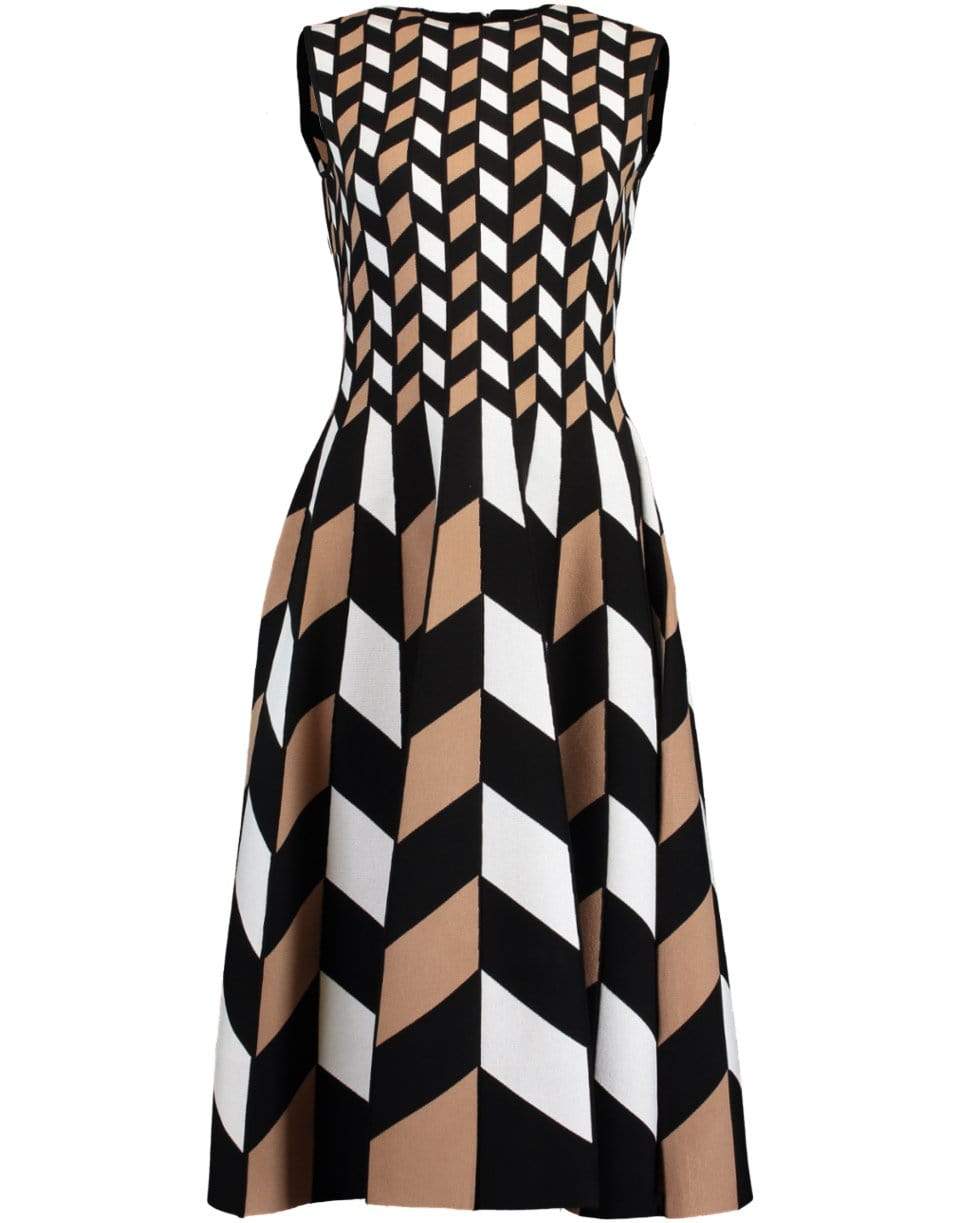 OSCAR DE LA RENTA-Sleeveless Graphic Pleated Midi Dress-BLK/WHT