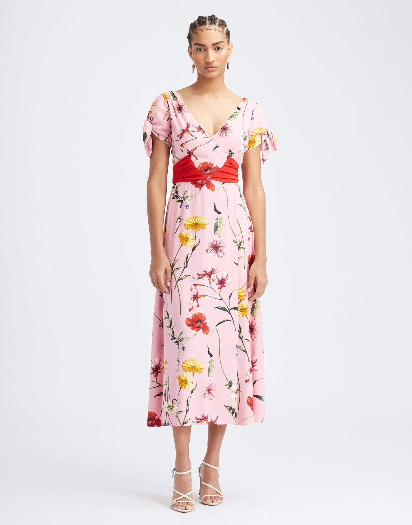 OSCAR DE LA RENTA-Short Sleeve Belted Floral Midi Dress-