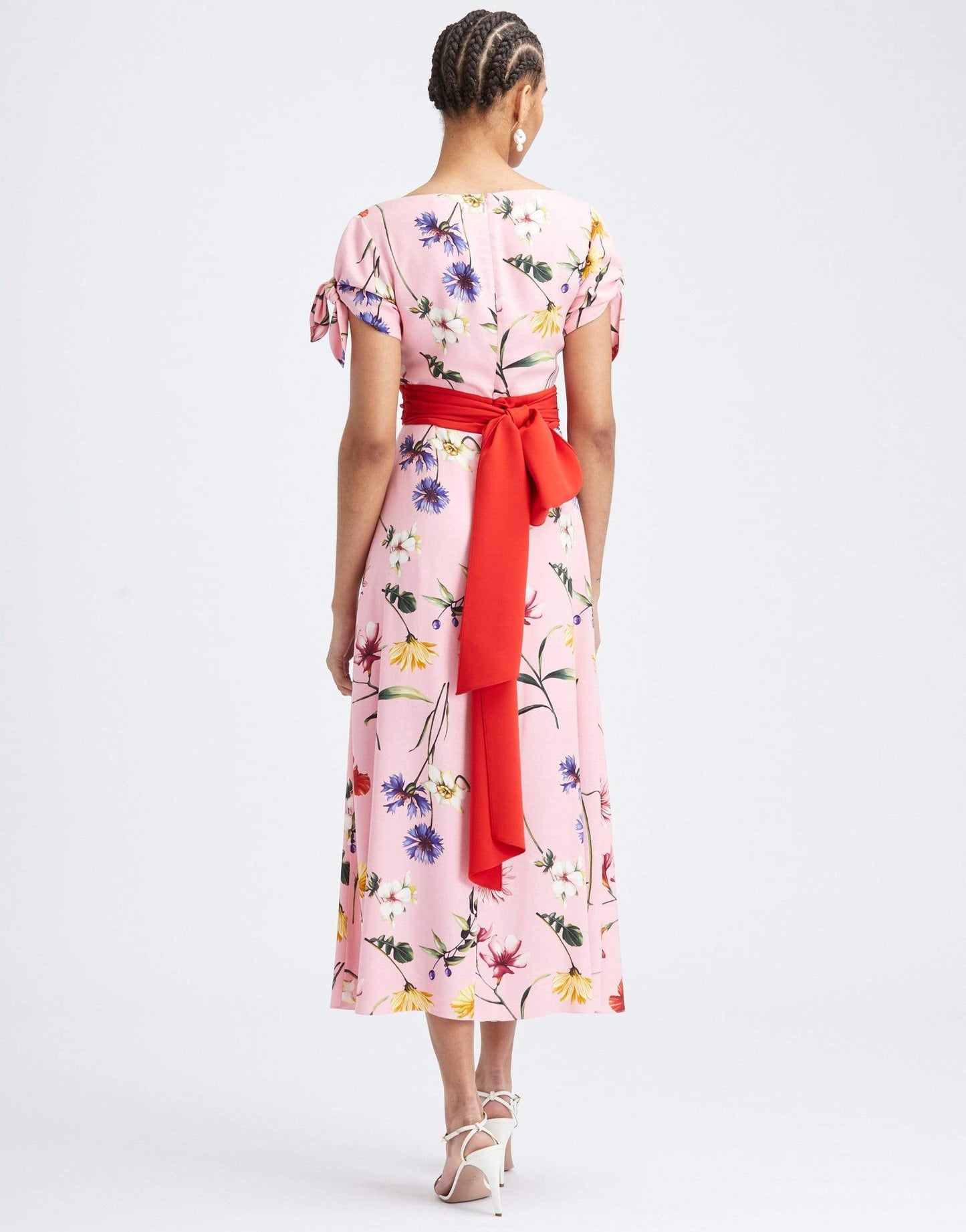 OSCAR DE LA RENTA-Short Sleeve Belted Floral Midi Dress-