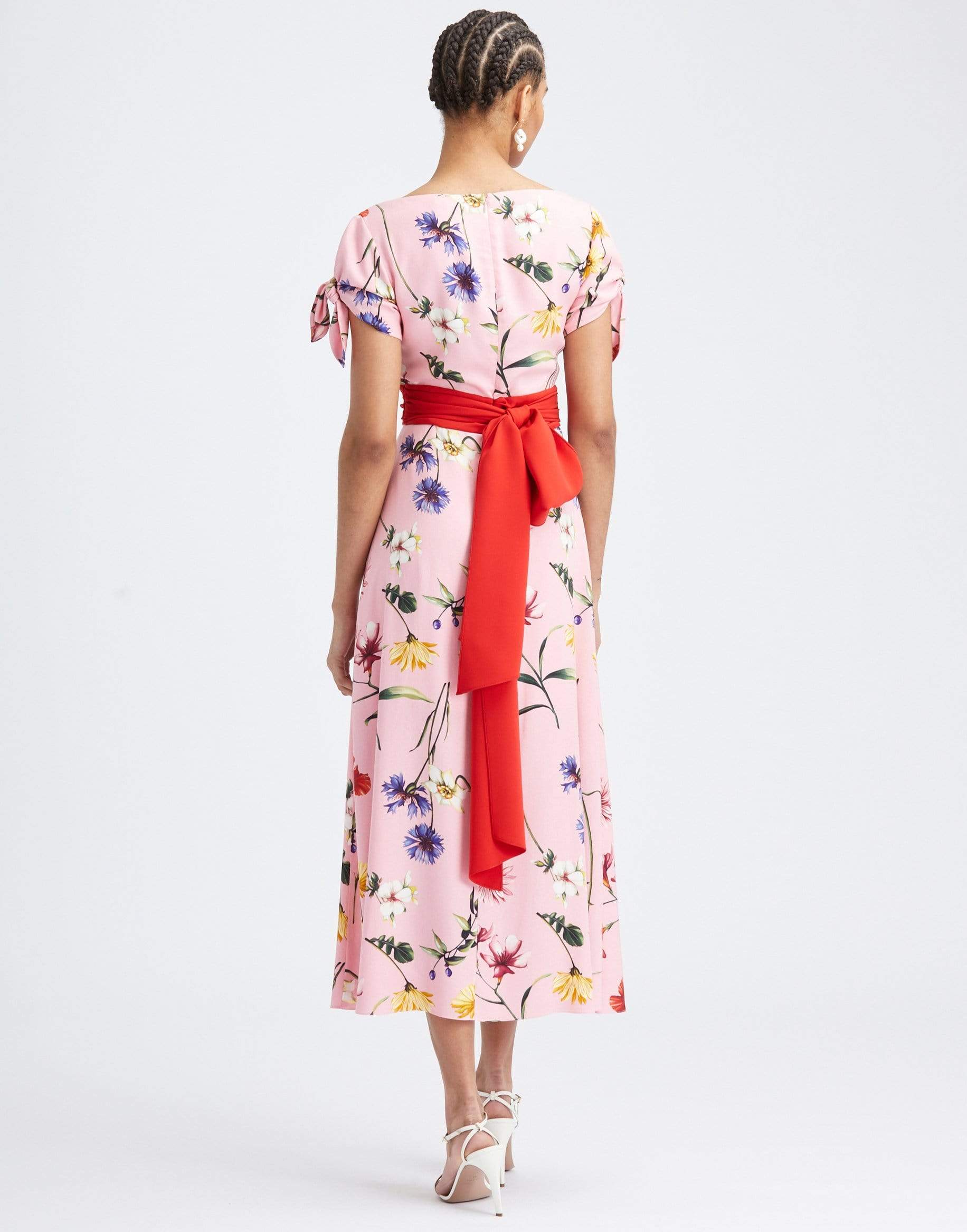 OSCAR DE LA RENTA-Short Sleeve Belted Floral Midi Dress-