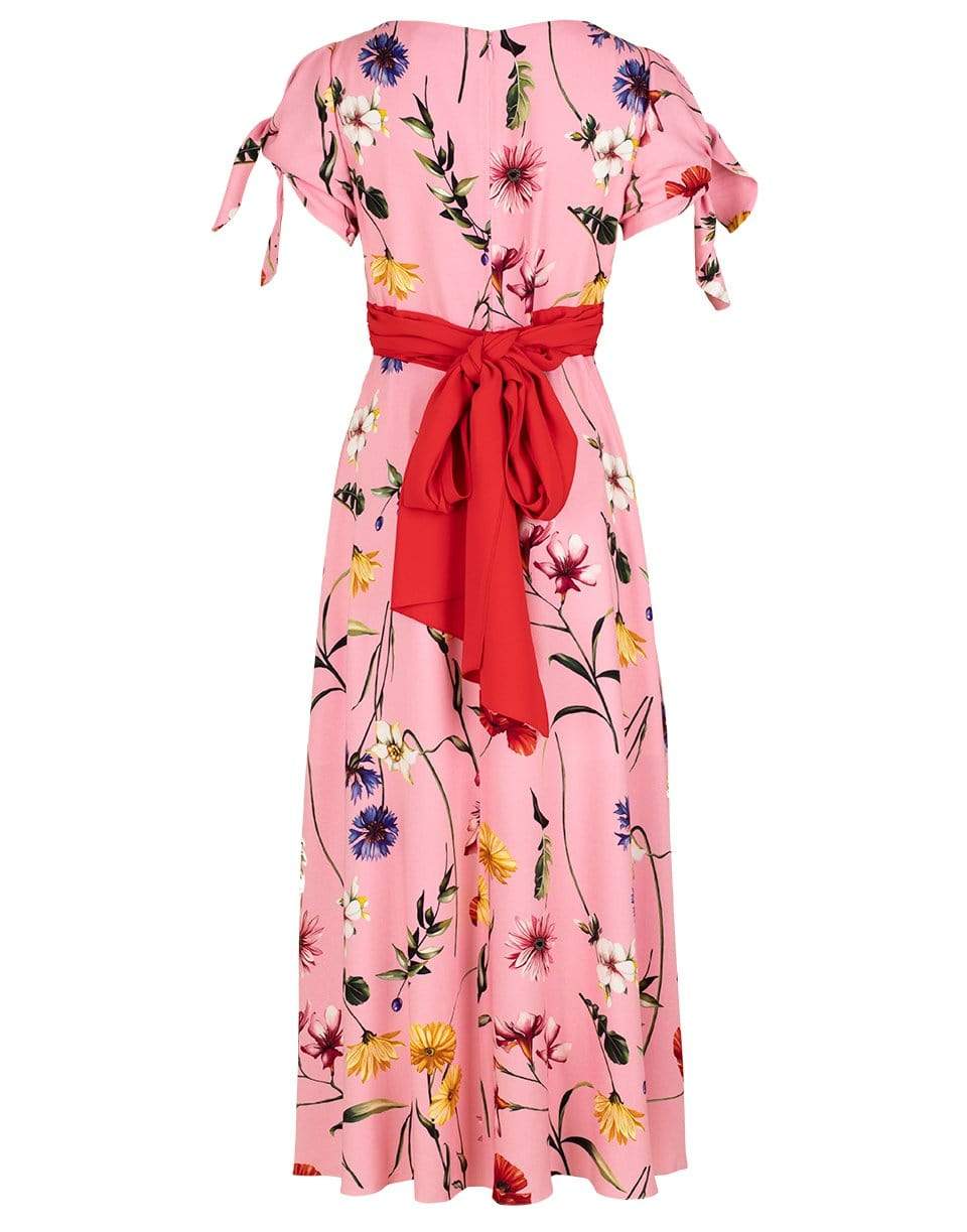 OSCAR DE LA RENTA-Short Sleeve Belted Floral Midi Dress-