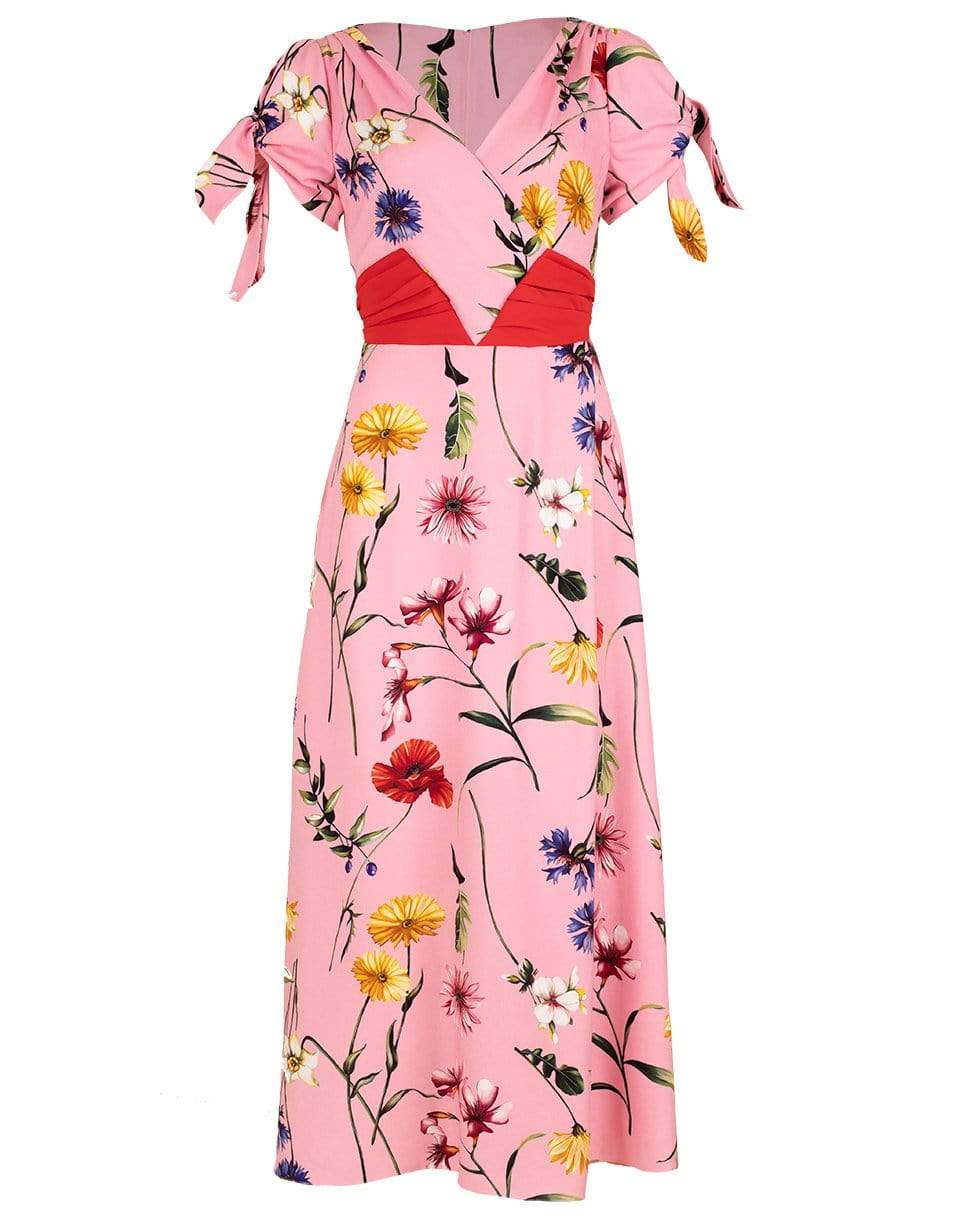 OSCAR DE LA RENTA-Short Sleeve Belted Floral Midi Dress-
