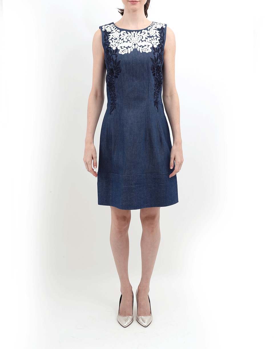 OSCAR DE LA RENTA-Lace Insert Denim Dress-BLUE