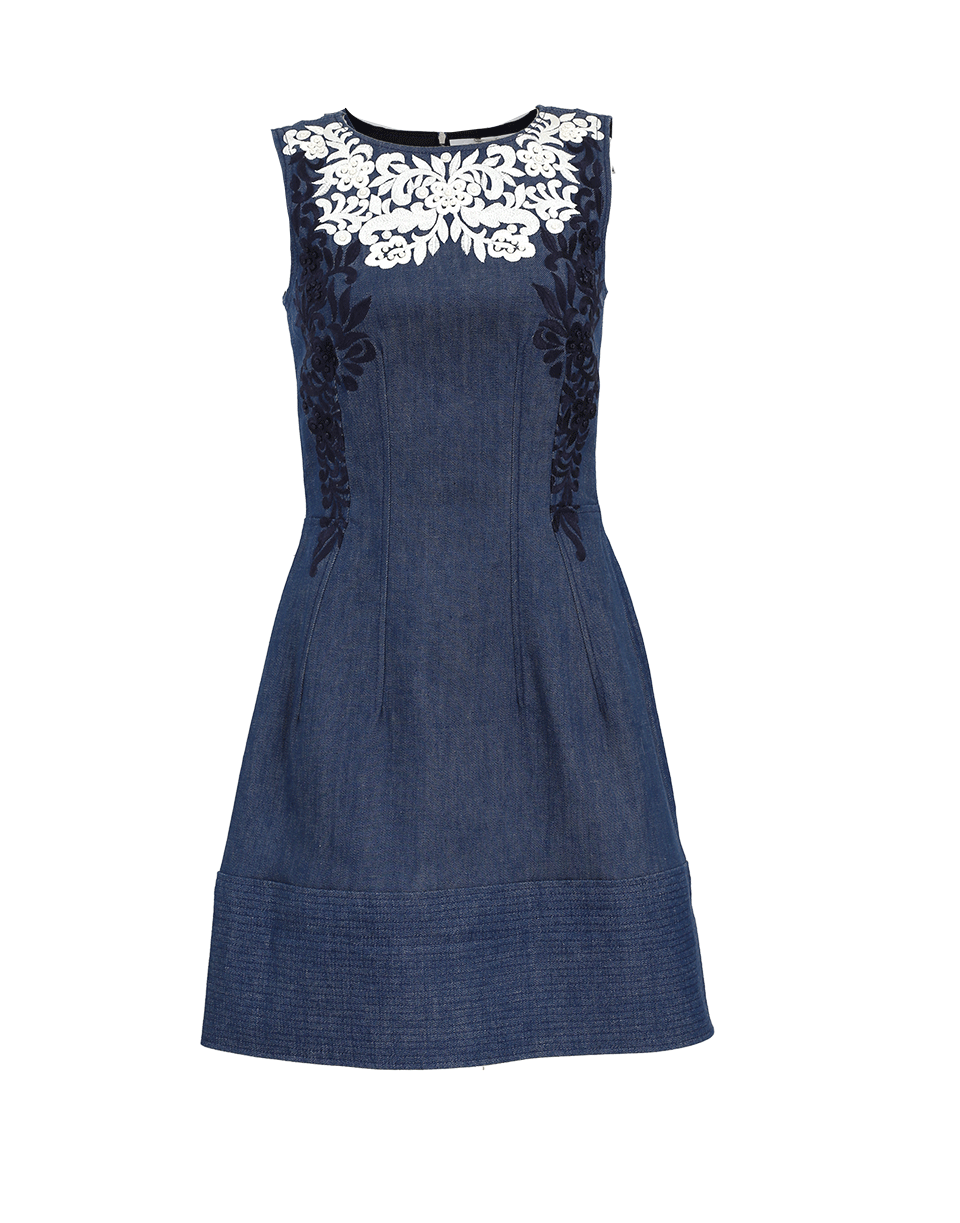 OSCAR DE LA RENTA-Lace Insert Denim Dress-BLUE