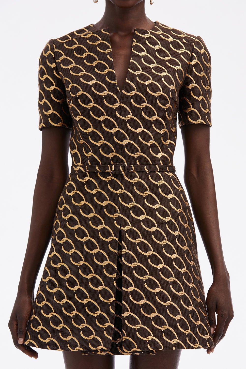OSCAR DE LA RENTA-Split Neck Logo Chain Dress-