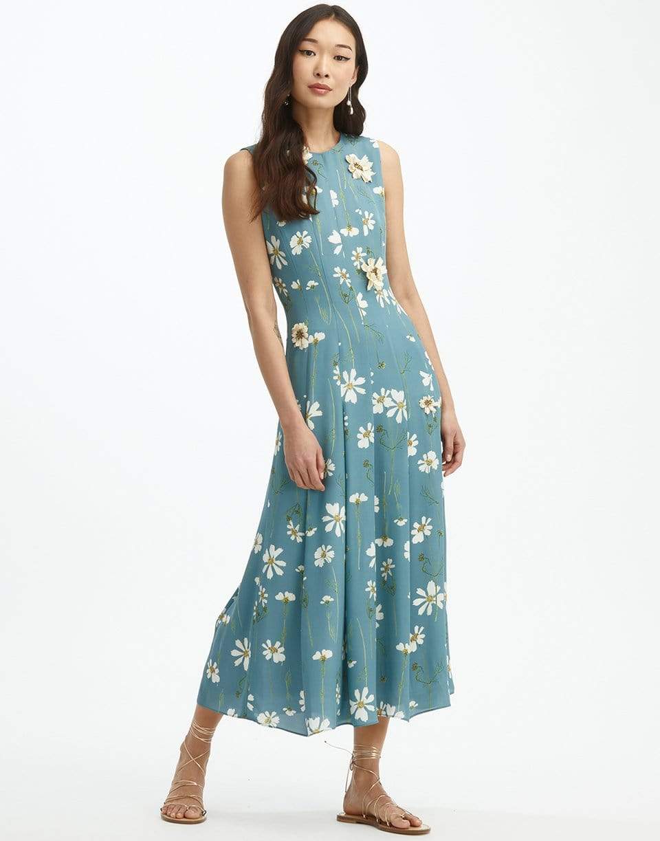 OSCAR DE LA RENTA-Pleated Silk Embroidered Dress-FRENCH BLUE