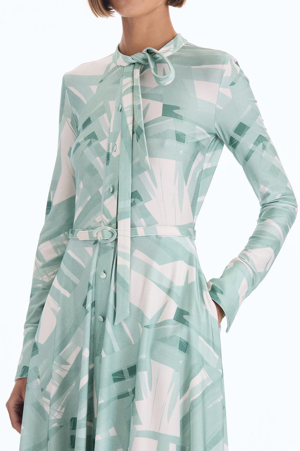 Long Sleeve Striped Plaid Day Dress-GREEN-4-CLOTHINGDRESSCASUAL-OSCAR DE LA RENTA