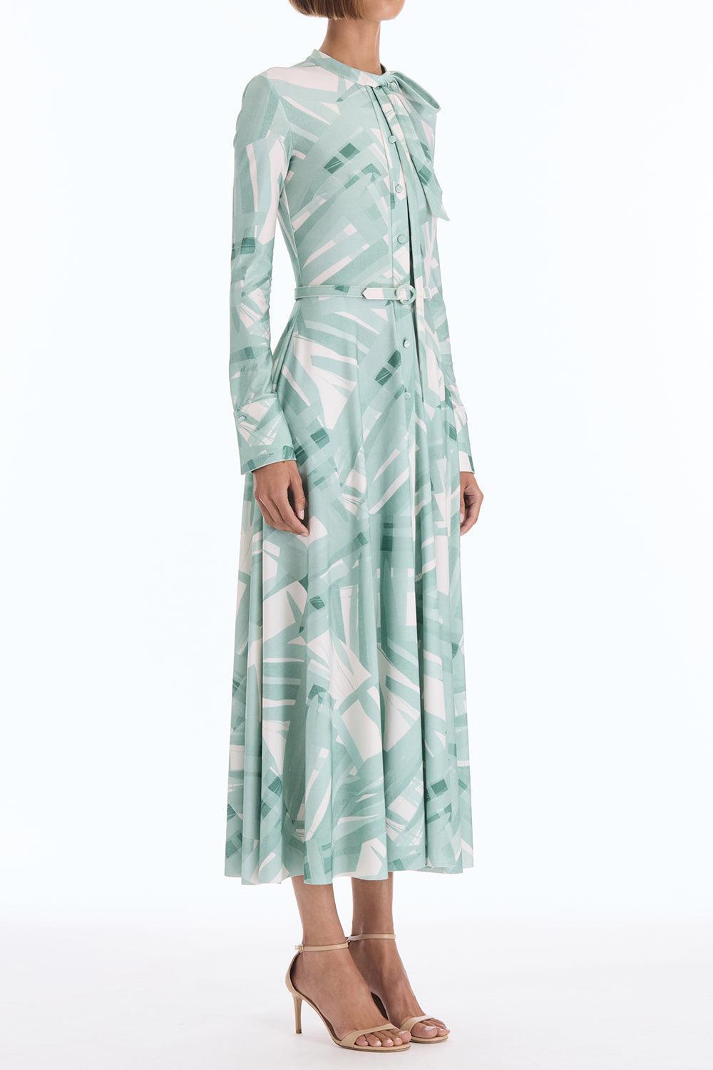  Long Sleeve Striped Plaid Day Dress-GREEN-4-CLOTHINGDRESSCASUAL-OSCAR DE LA RENTA 