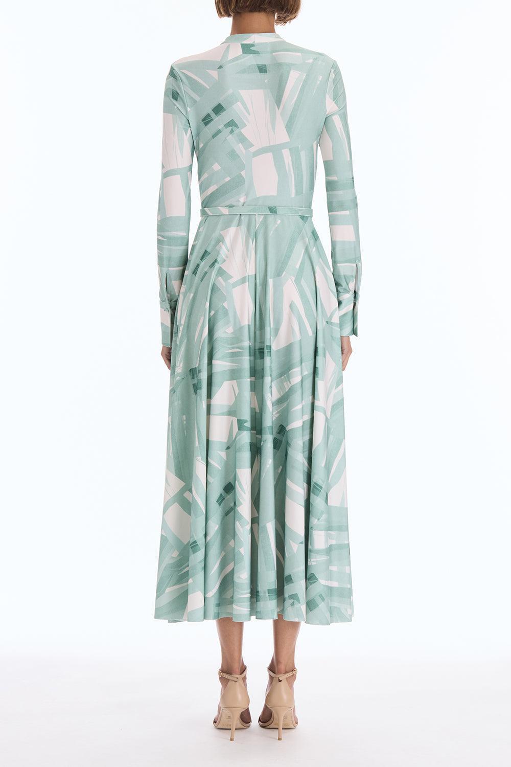 Long Sleeve Striped Plaid Day Dress-GREEN-4-CLOTHINGDRESSCASUAL-OSCAR DE LA RENTA