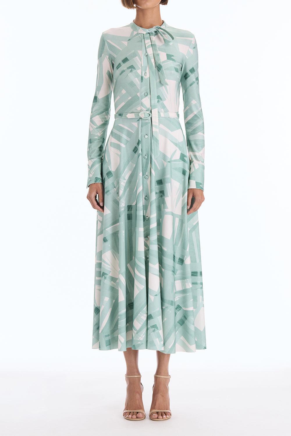 Long Sleeve Striped Plaid Day Dress-GREEN-4-CLOTHINGDRESSCASUAL-OSCAR DE LA RENTA