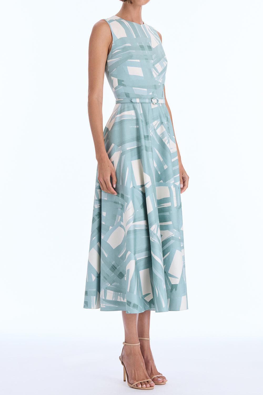  Sleeveless Striped Plaid Poplin Day Dress-GREEN-4-CLOTHINGDRESSCASUAL-OSCAR DE LA RENTA 