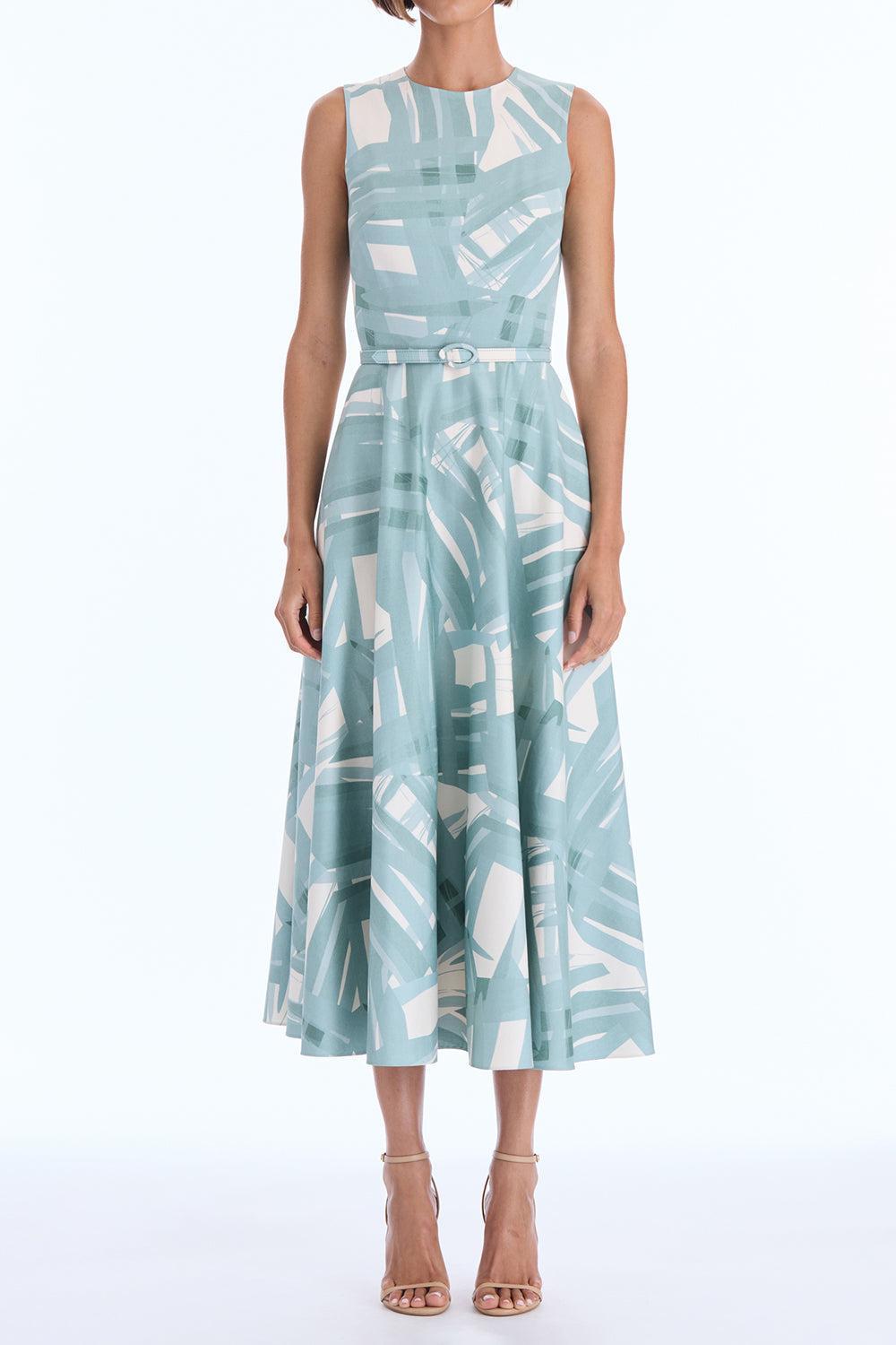  Sleeveless Striped Plaid Poplin Day Dress-GREEN-4-CLOTHINGDRESSCASUAL-OSCAR DE LA RENTA 