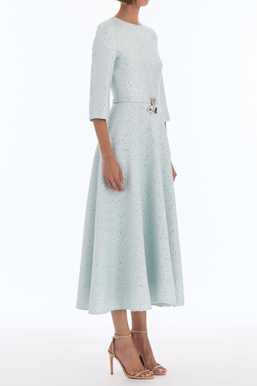 Midi Sleeve Sequin Tweed Day Dress-GREEN-6-CLOTHINGDRESSCASUAL-OSCAR DE LA RENTA