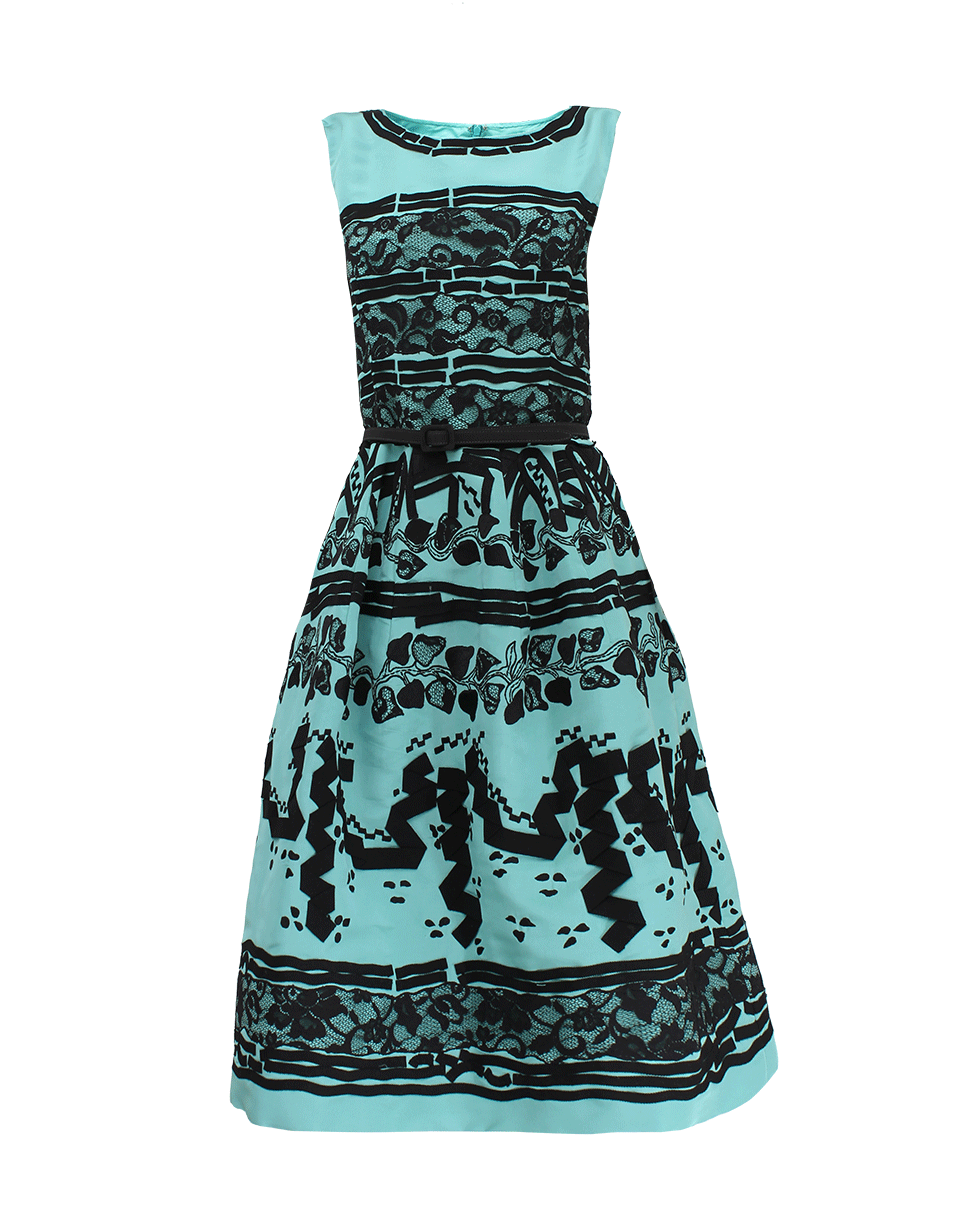 OSCAR DE LA RENTA-Sleeveless Lace Grosgrain Embroidered Dress-