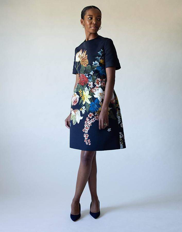 OSCAR DE LA RENTA-A-Line Floral Print Dress-MIDNIGHT