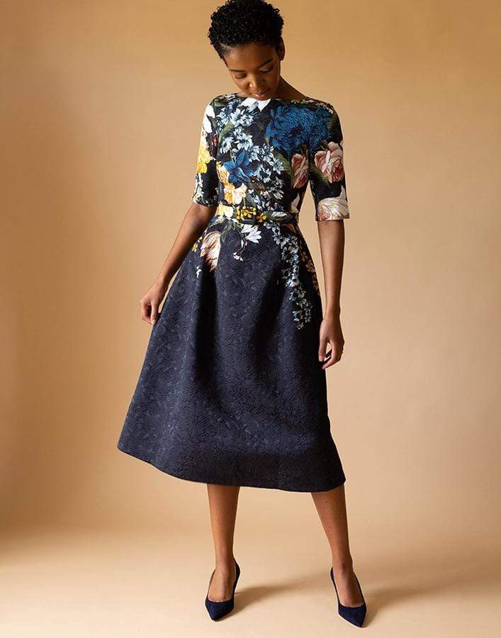 OSCAR DE LA RENTA-Short Sleeve Belted Midi Dress-