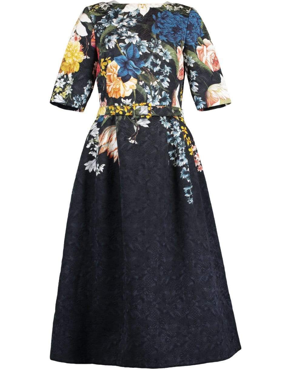 OSCAR DE LA RENTA-Short Sleeve Belted Midi Dress-