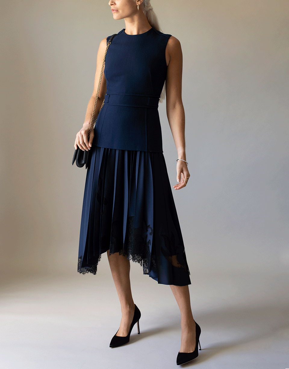 OSCAR DE LA RENTA-Navy Fitted Top and Silk Lace Insert Skirt Dress-