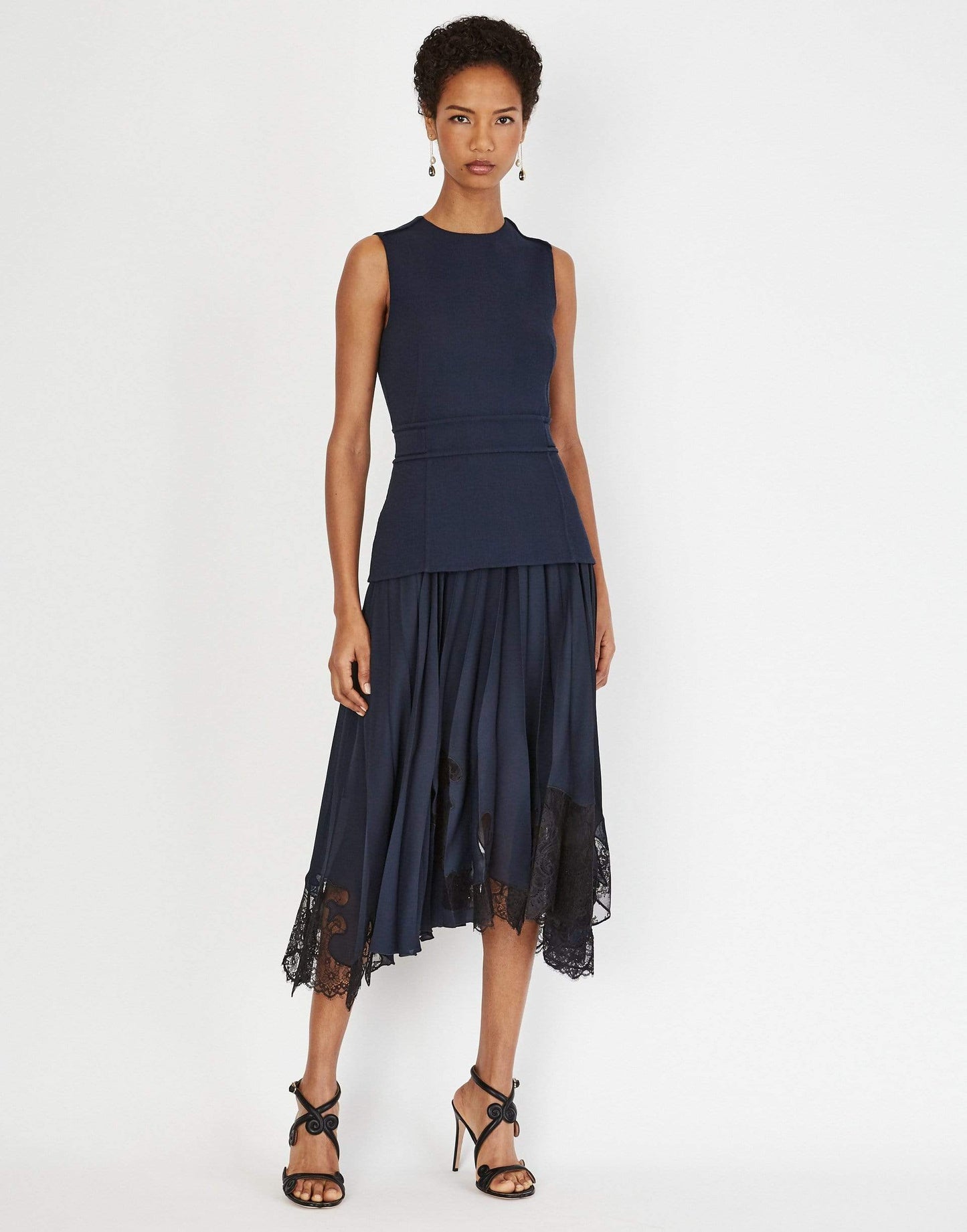OSCAR DE LA RENTA-Navy Fitted Top and Silk Lace Insert Skirt Dress-