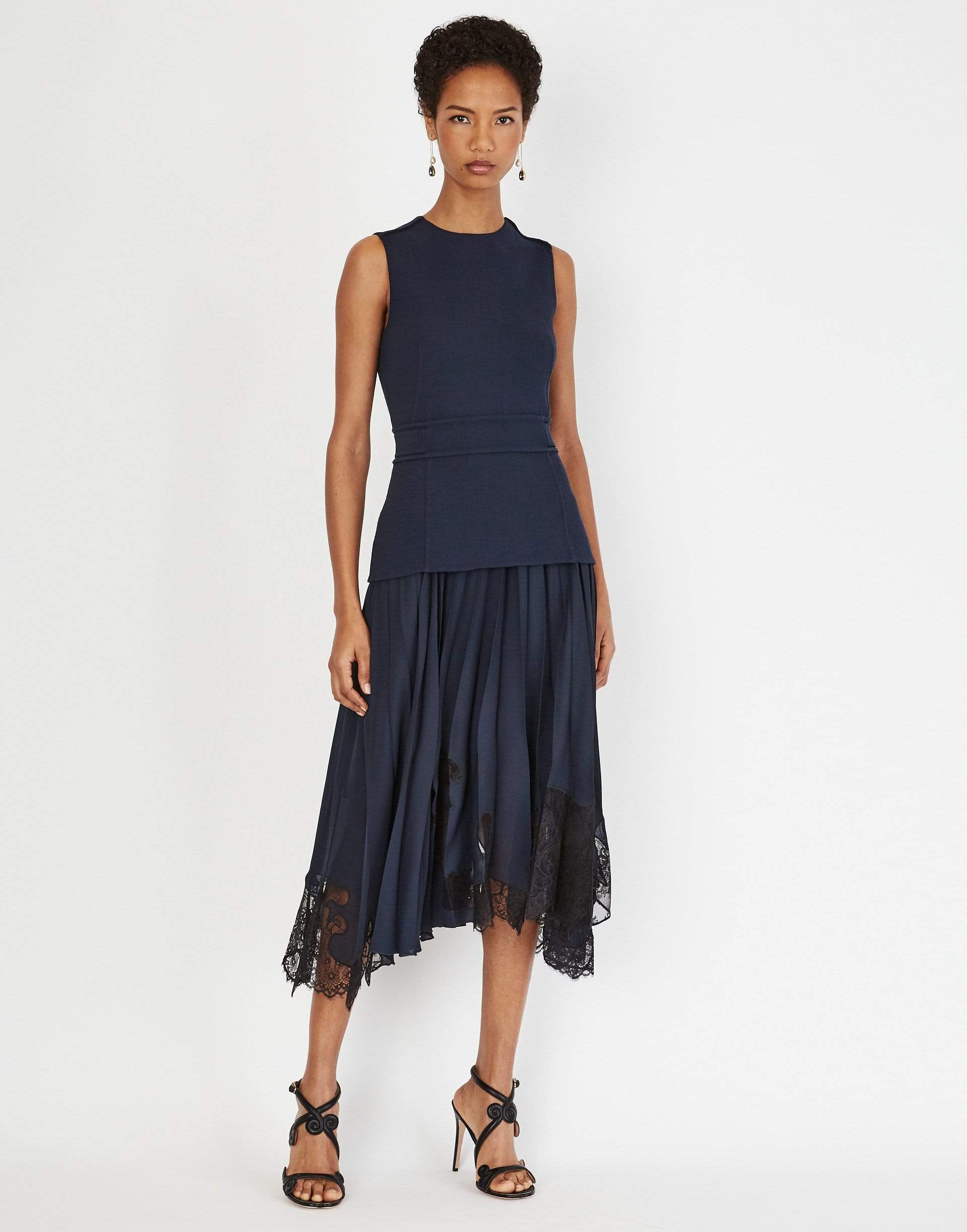 OSCAR DE LA RENTA-Navy Fitted Top and Silk Lace Insert Skirt Dress-