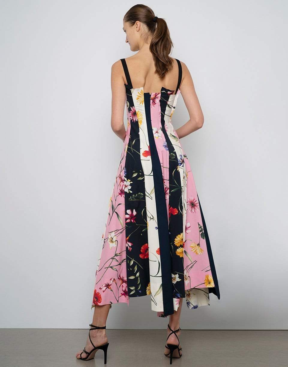 OSCAR DE LA RENTA-Square Neck Floral Midi Dress-NAVY