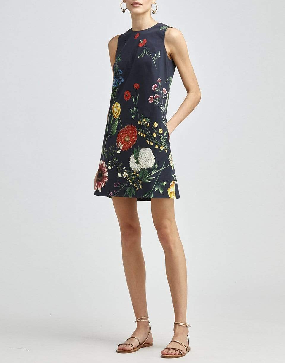 OSCAR DE LA RENTA-Tossed Botanical Print Sleeveless Shift Dress-