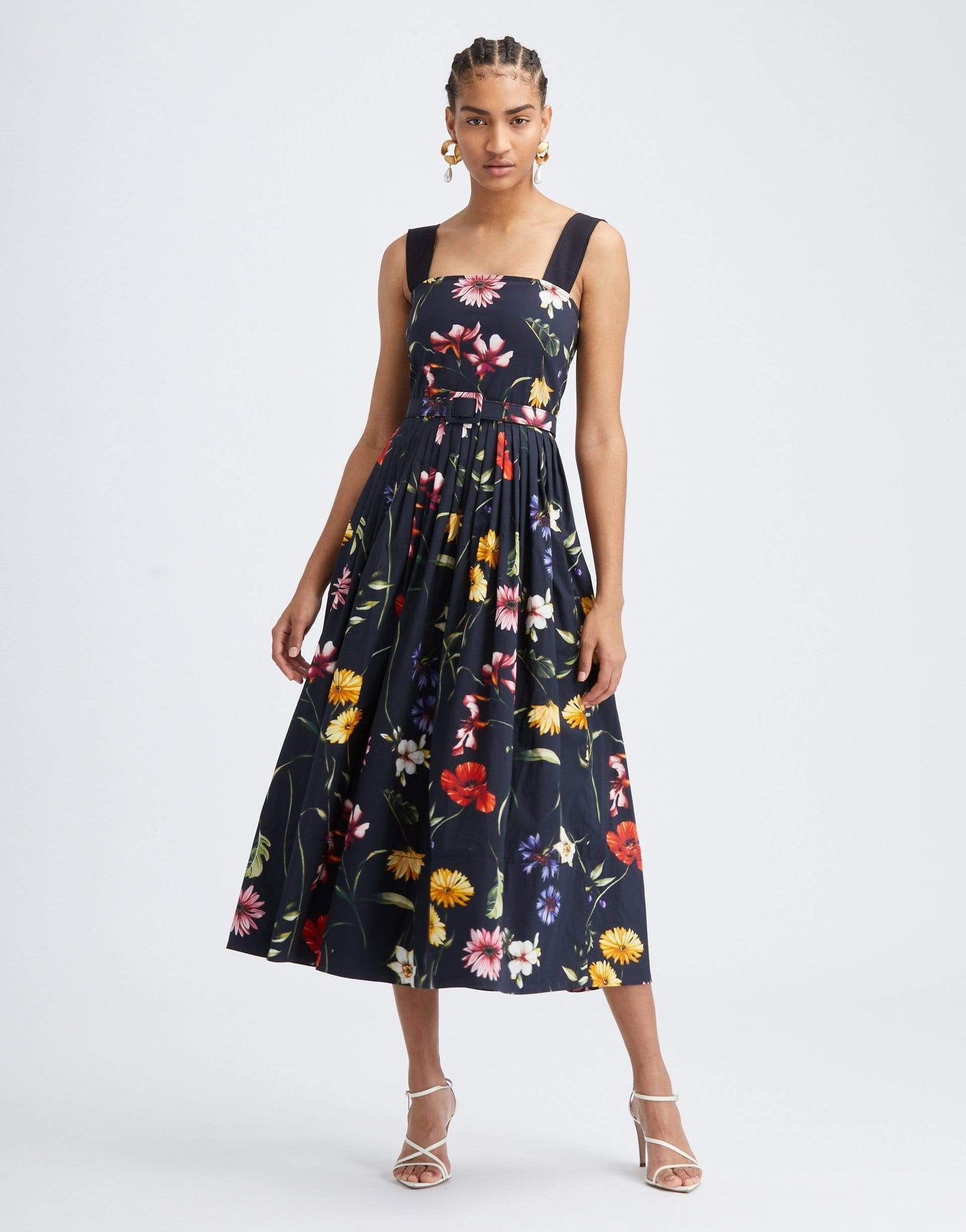 OSCAR DE LA RENTA-Square Neckline A-Line Floral Day Dress-
