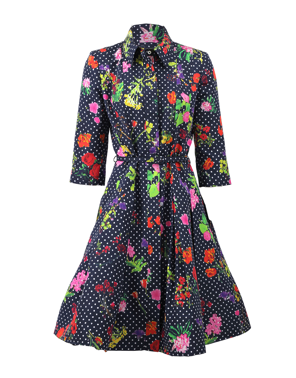 OSCAR DE LA RENTA-Three-Quarter Sleeve Full Skirt Shirt Dress-