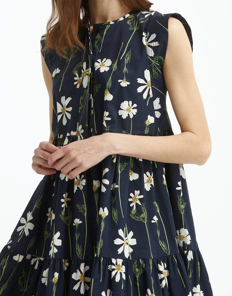 OSCAR DE LA RENTA-Navy Cap Sleeve Drop Waist Floral Dress-