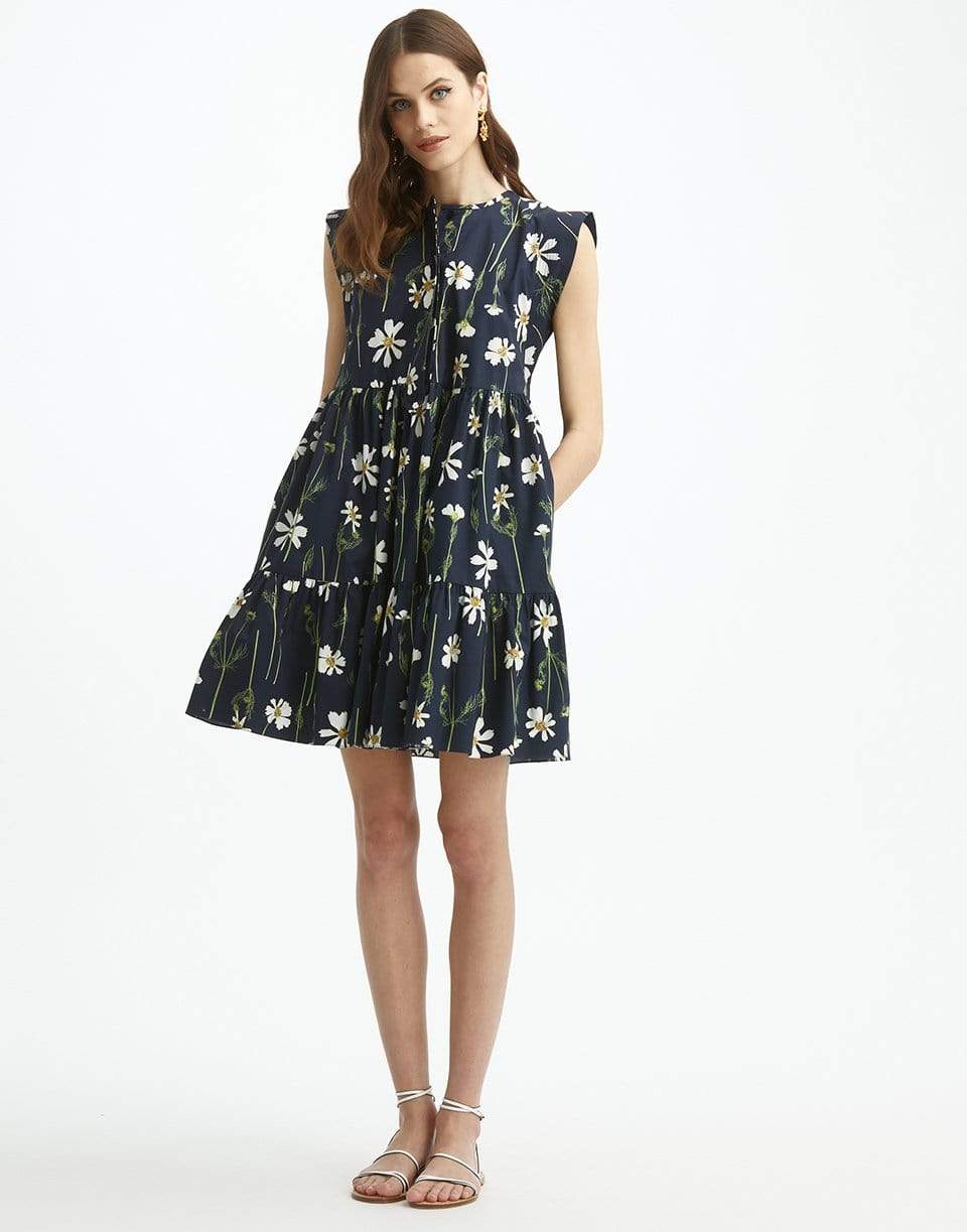 OSCAR DE LA RENTA-Navy Cap Sleeve Drop Waist Floral Dress-