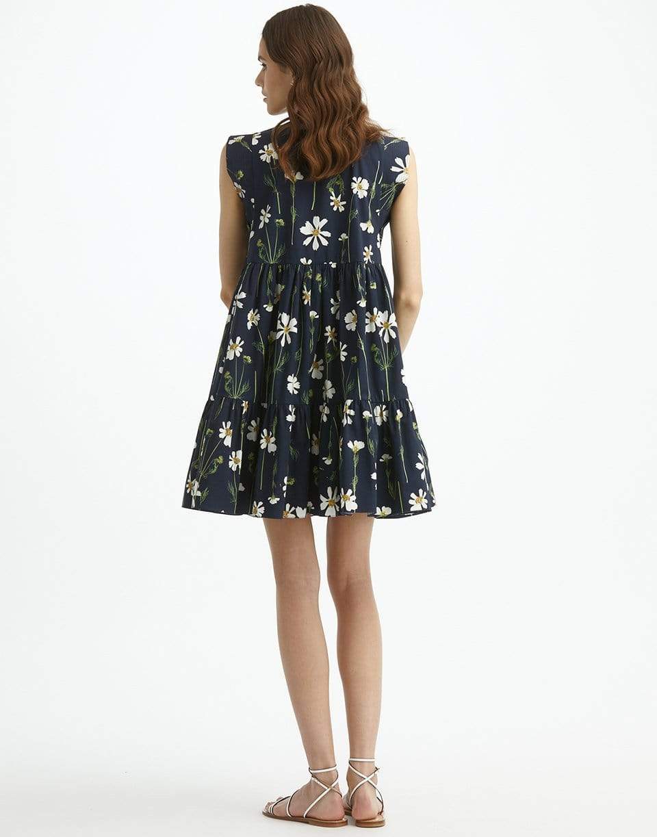 OSCAR DE LA RENTA-Navy Cap Sleeve Drop Waist Floral Dress-