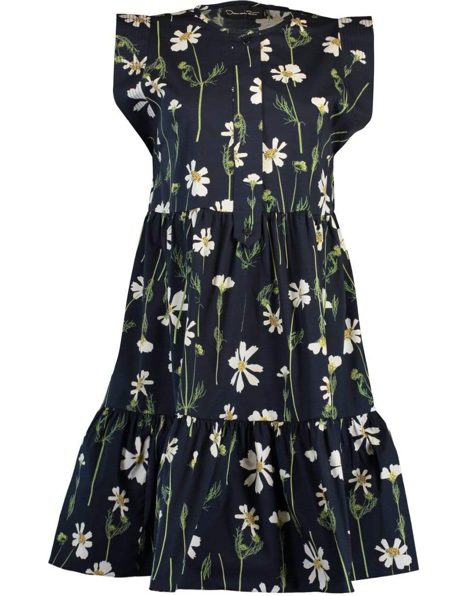 OSCAR DE LA RENTA-Navy Cap Sleeve Drop Waist Floral Dress-