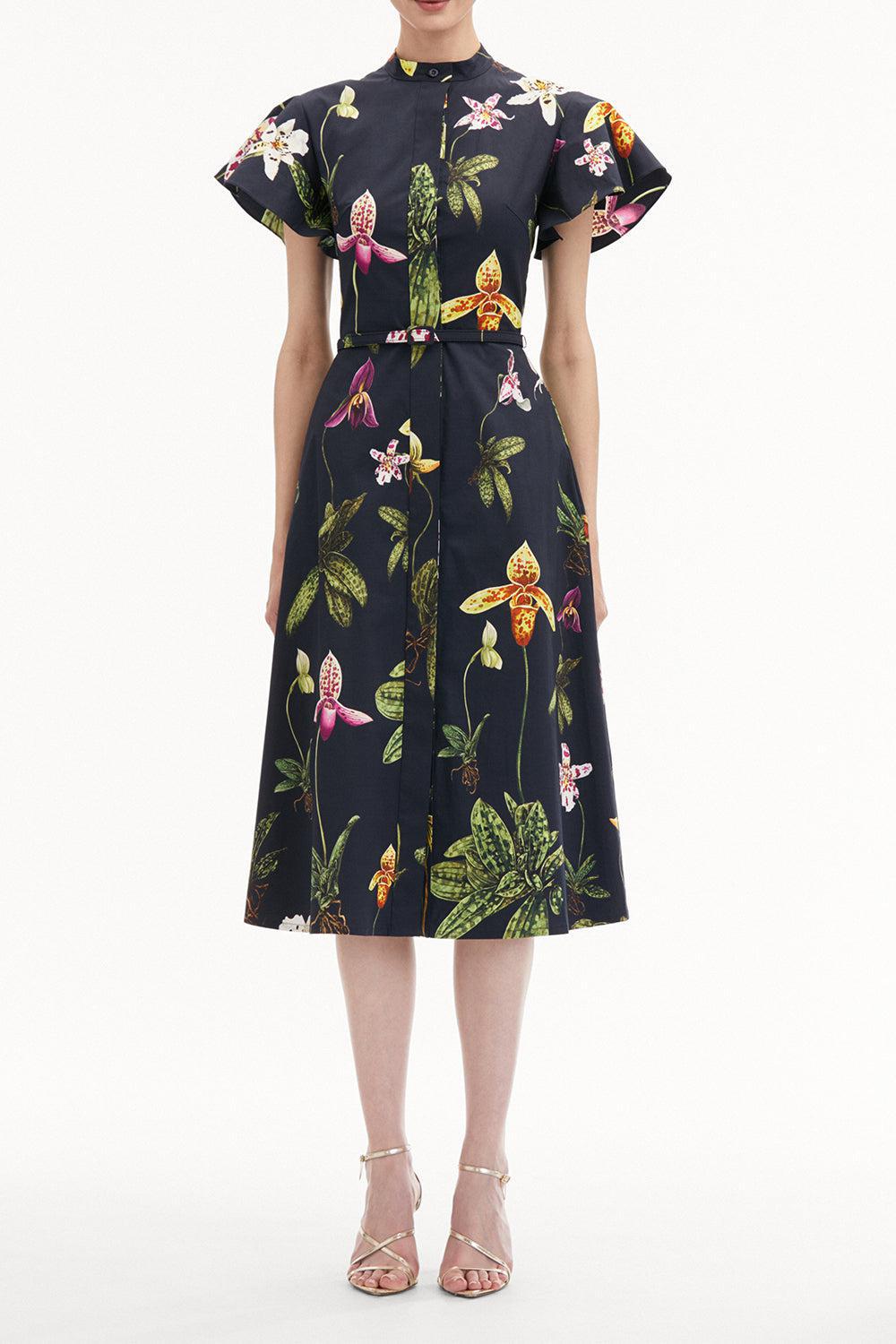 OSCAR DE LA RENTA-Short Sleeve Orchid Midi Dress-