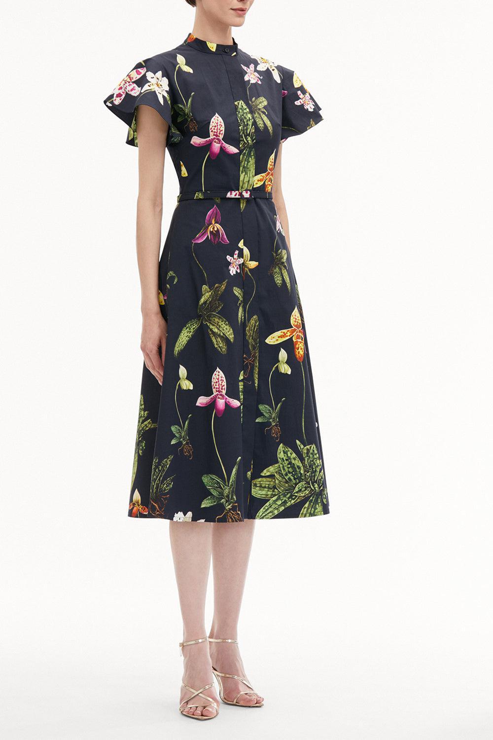OSCAR DE LA RENTA-Short Sleeve Orchid Midi Dress-