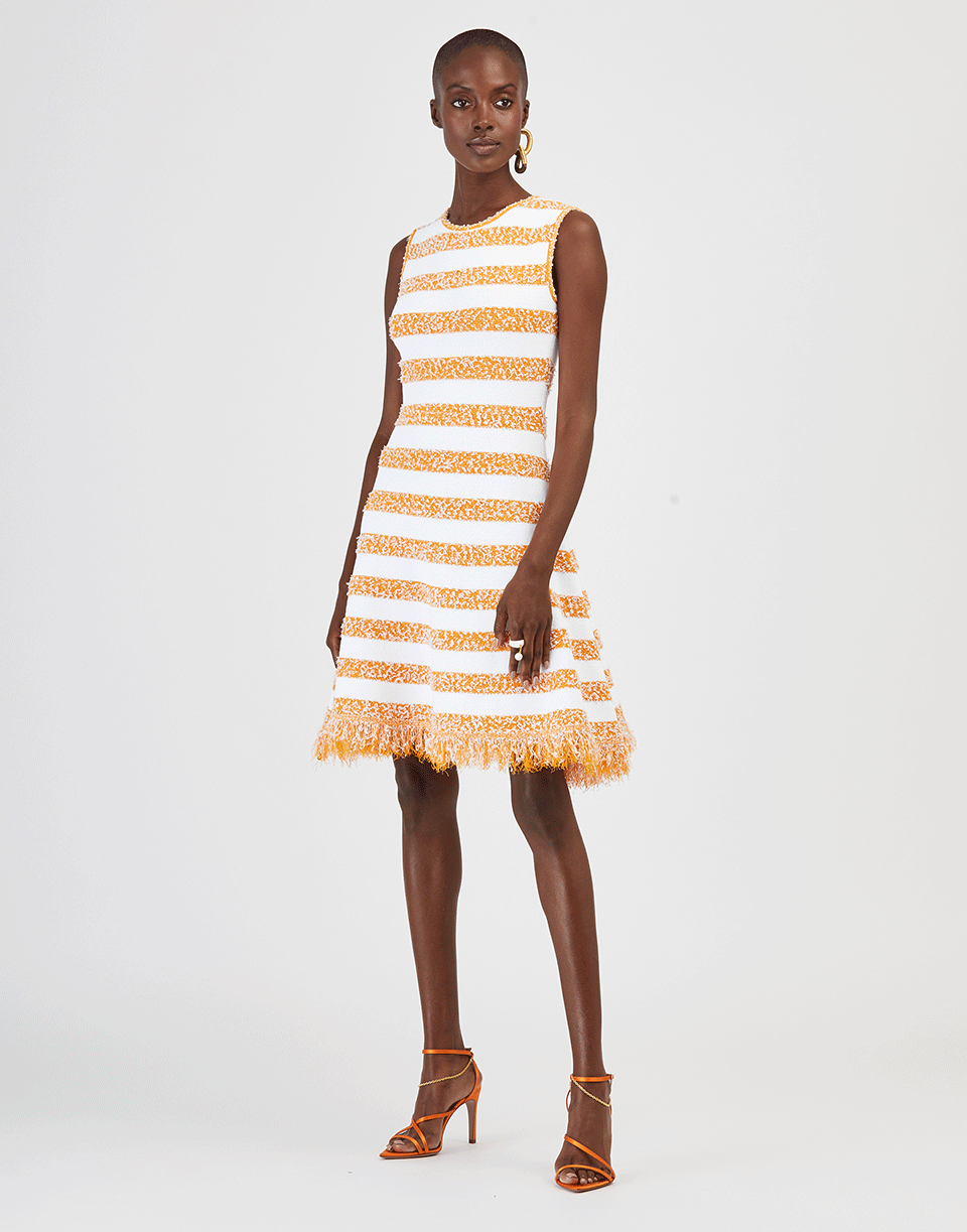 OSCAR DE LA RENTA-Fringe Trim Striped Knit Dress-