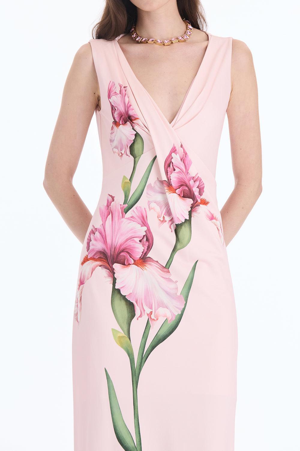 Sleeveless Draped Painted Iris Day Dress-PINK-4-CLOTHINGDRESSCASUAL-OSCAR DE LA RENTA