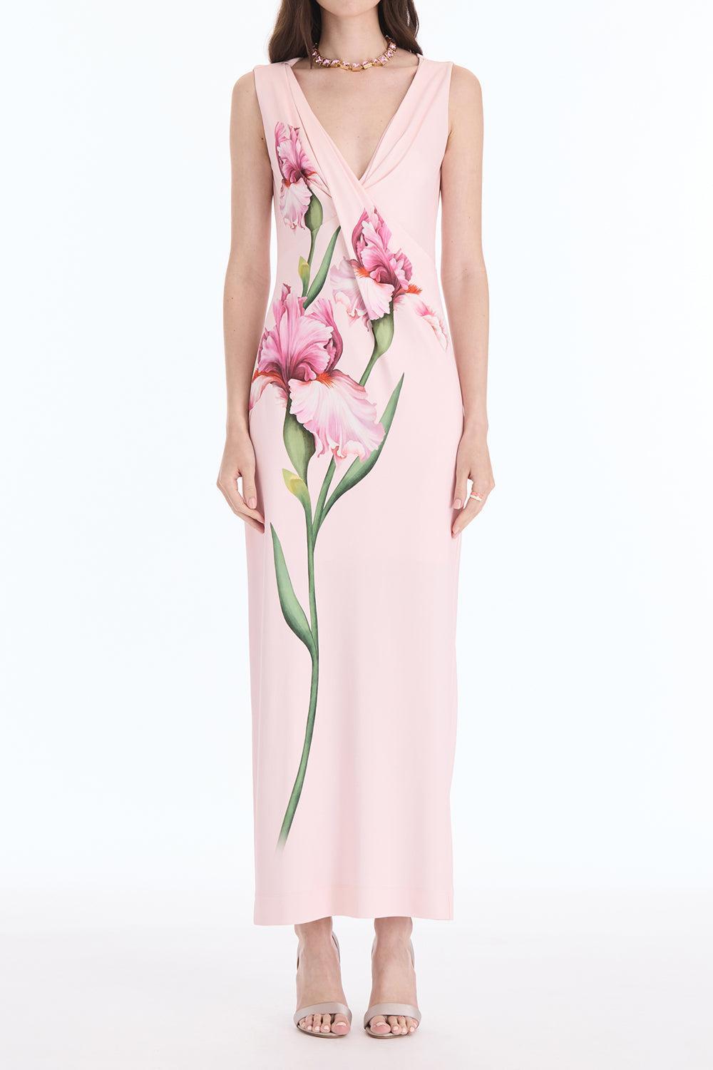 Sleeveless Draped Painted Iris Day Dress-PINK-4-CLOTHINGDRESSCASUAL-OSCAR DE LA RENTA