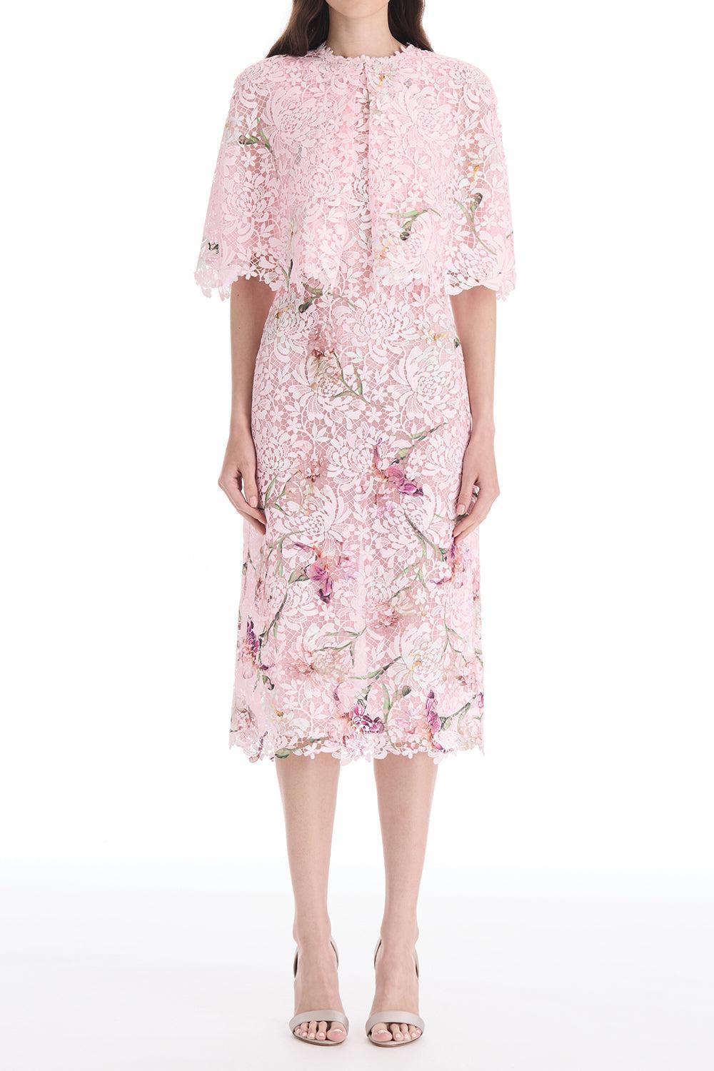  Cape Sleeve Painted Iris Lace Day Dress-PINK-6-CLOTHINGDRESSCASUAL-OSCAR DE LA RENTA 