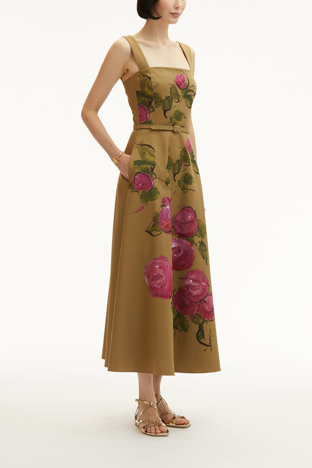 SLEEVELESS PAINTED ROSES DRESS-PINK/KHAKI-6-CLOTHINGDRESSCASUAL-OSCAR DE LA RENTA