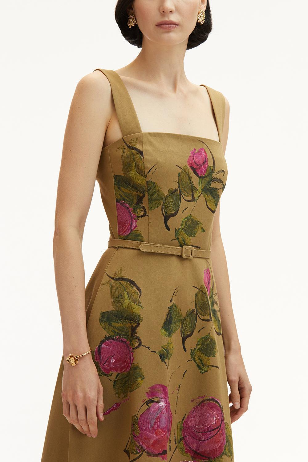 SLEEVELESS PAINTED ROSES DRESS-PINK/KHAKI-6-CLOTHINGDRESSCASUAL-OSCAR DE LA RENTA