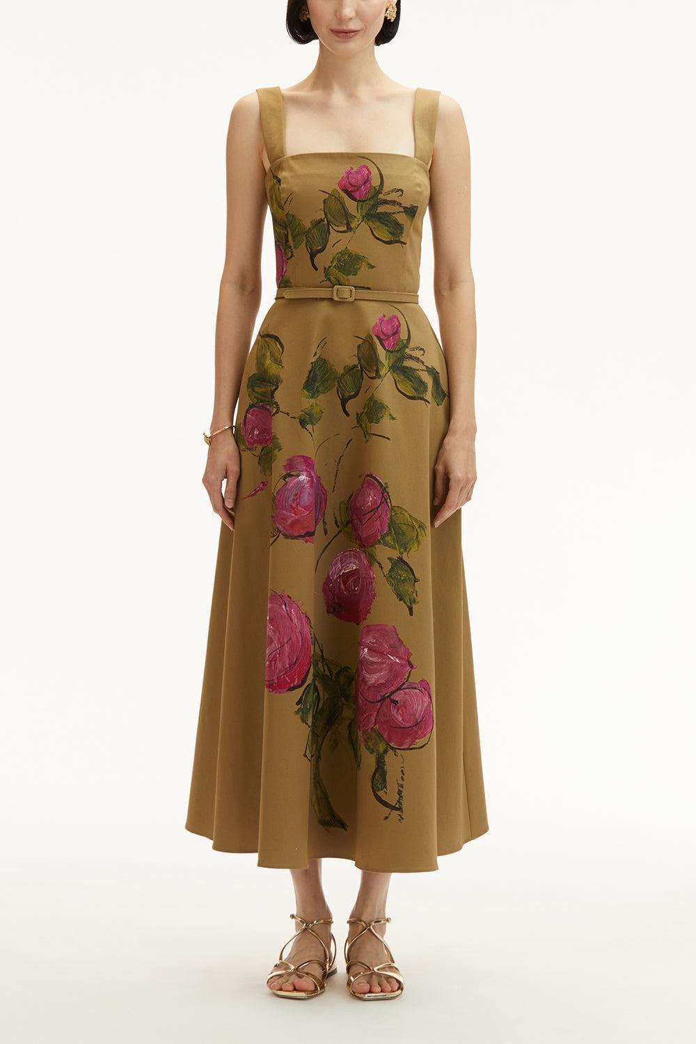 SLEEVELESS PAINTED ROSES DRESS-PINK/KHAKI-6-CLOTHINGDRESSCASUAL-OSCAR DE LA RENTA