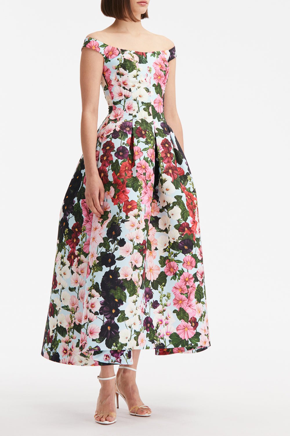 OSCAR DE LA RENTA-Off Shoulder Tea Length Dress-