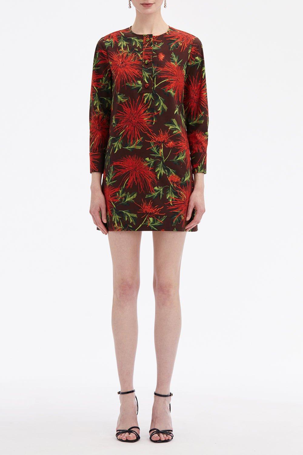 OSCAR DE LA RENTA-Three Quarter Sleeve Button Shift Dress-